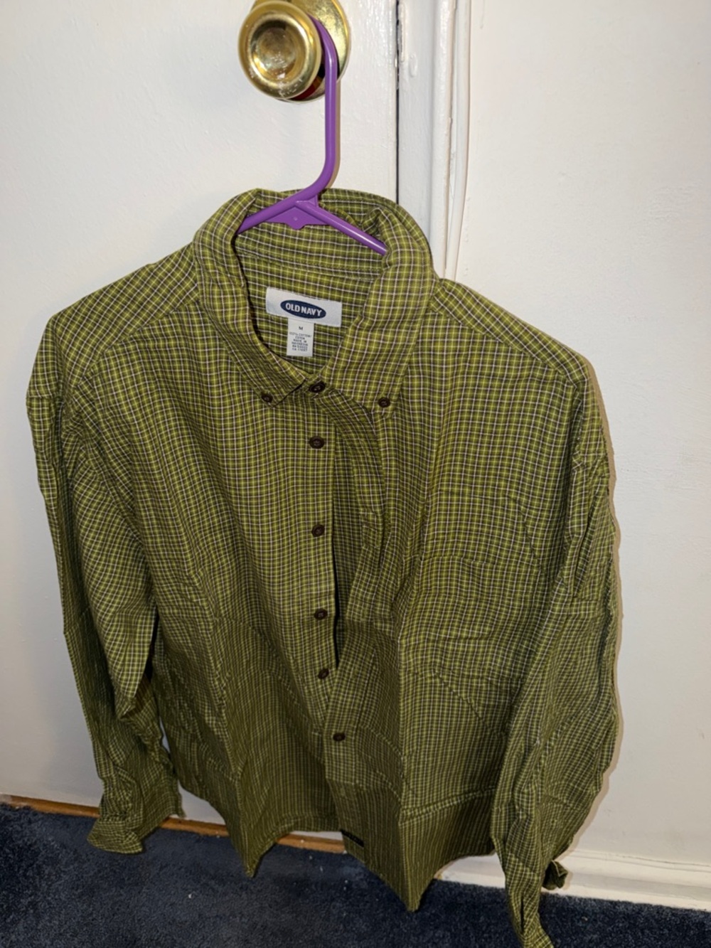 Old Navy Olive Green Plaid Long-Sleeve Button-Down Shirt